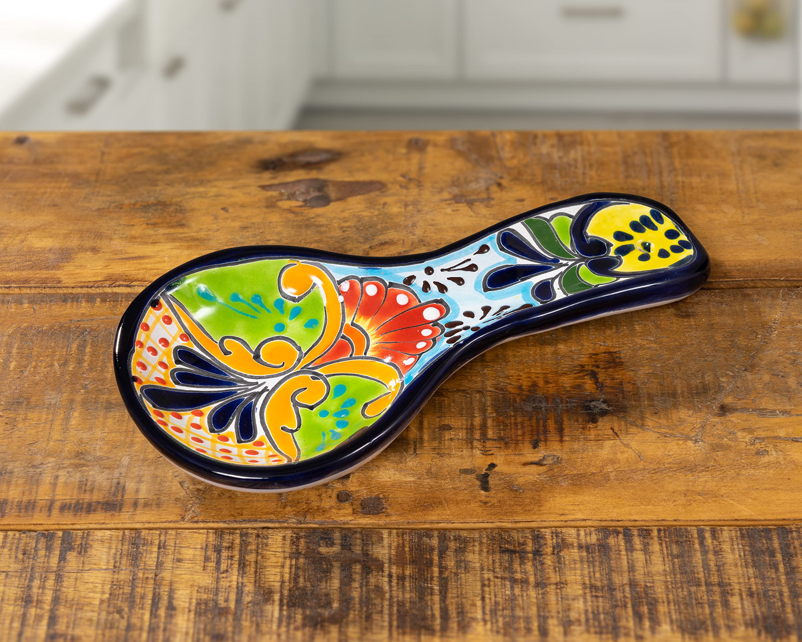 Enchanted Talavera Hand Painted Ceramic Spoon Rest Kitchen Counter top Utensil Holder For Spoons Spanish Mexican Decorations (Multi)