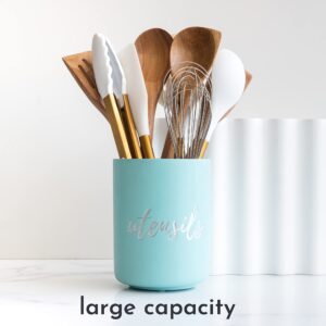 White Utensil Holder with Built-In Ceramic Spoon Rest - 2 PC Luxe White & Gold Utensil Holder for Countertop Includes Large Utensil Holder & White and Gold Spoon Rest - Utensils Not Included