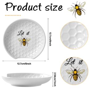 2 Pcs Bee Ceramic Spoon Rest and Bee Kitchen Towel Set Bee Kitchen Decor Set 5'' Bee Theme Spoon Holder Absorbent Tea Towels 16 x 24'' Honeycomb Dish Towels Kitchen Utensil Rest for Honey Bee Gift