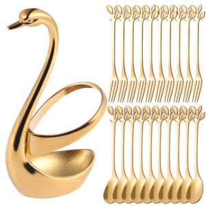 ansaw gold swan base holder with 20 pcs 4.7"small leaf handle coffee spoons & dessert forks set(gold,10+10)