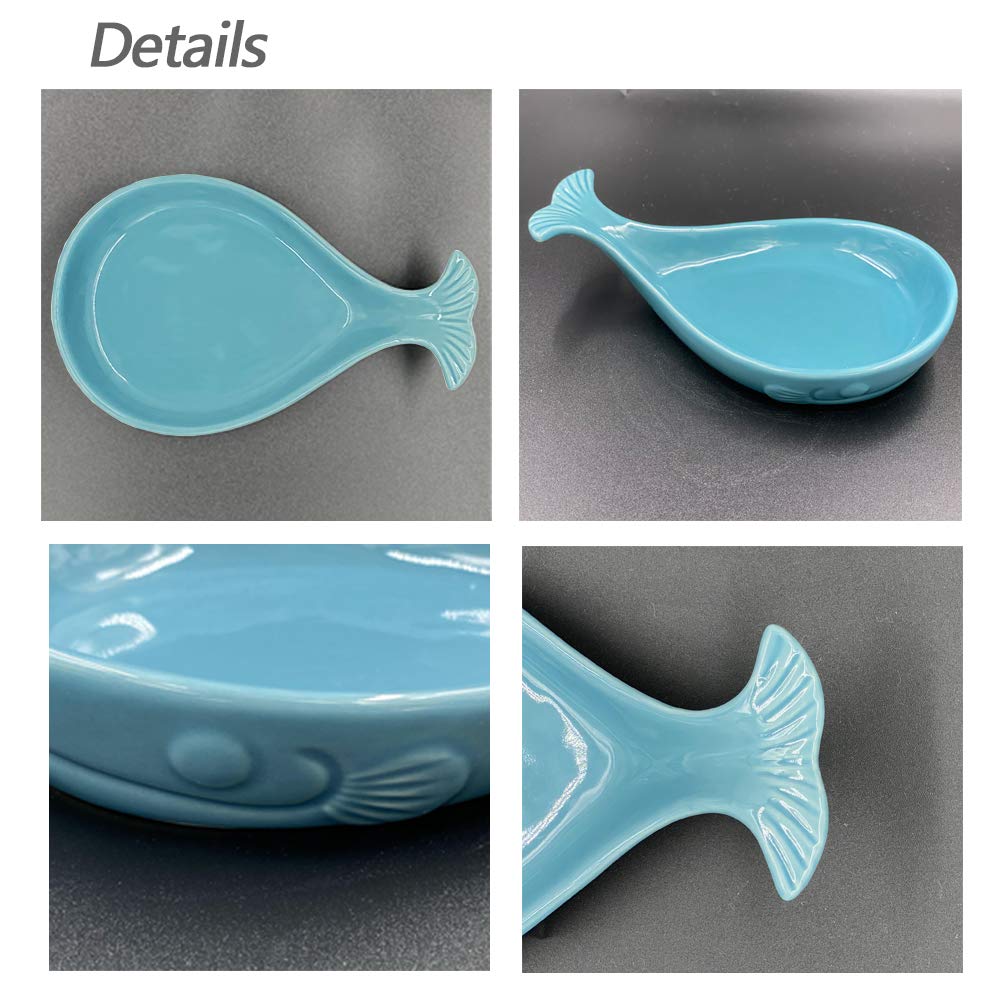 Ceramic Spoon Rest for Kitchen with Wooden Spoon, Whale Shape, 4.8W X 7.8L