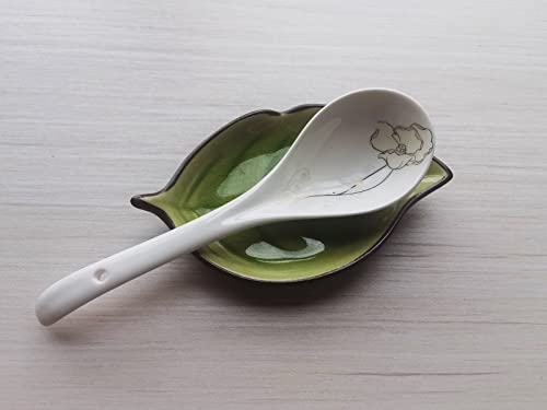 Ceramic Spoon Rest Cooking Spoon Holder for Kitchen Counter/Stove Top/Dining Table with Cute Spoon, Leaf Shaped, Modern Farmhouse Decorative, 6.7x3.9 inch