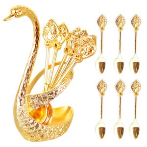 decorative gold swan base holder with 6pcs coffee spoon set, metal swan base holder spoon organizer with 6 spoons, small delicate spoons for coffee fruit dessert ice cream cake