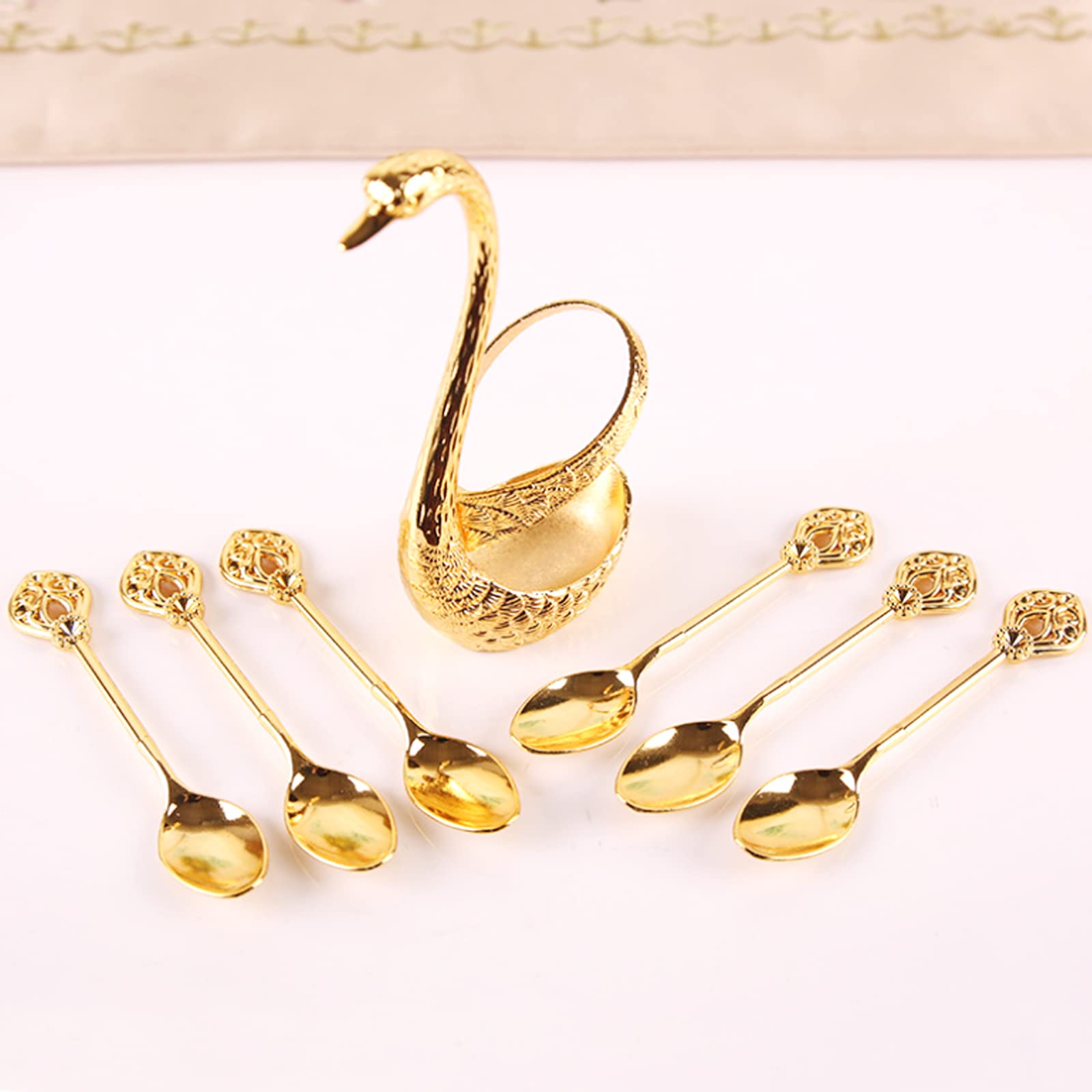 Decorative Gold Swan Base Holder with 6Pcs Coffee Spoon set, Metal Swan Base Holder Spoon Organizer with 6 Spoons, Small Delicate Spoons for Coffee Fruit Dessert Ice Cream Cake