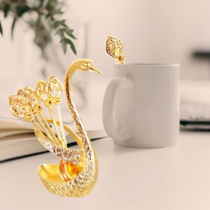 Decorative Gold Swan Base Holder with 6Pcs Coffee Spoon set, Metal Swan Base Holder Spoon Organizer with 6 Spoons, Small Delicate Spoons for Coffee Fruit Dessert Ice Cream Cake