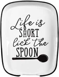 hvukeke ceramic spoon rest for stove top, funny life is short lick the spoon white spoon holders for kitchen counter, modern farmhouse kitchen cute decor