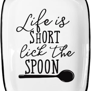 Hvukeke Ceramic Spoon Rest for Stove Top, Funny Life is Short Lick the Spoon White Spoon Holders for Kitchen Counter, Modern Farmhouse Kitchen Cute Decor