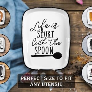 Hvukeke Ceramic Spoon Rest for Stove Top, Funny Life is Short Lick the Spoon White Spoon Holders for Kitchen Counter, Modern Farmhouse Kitchen Cute Decor