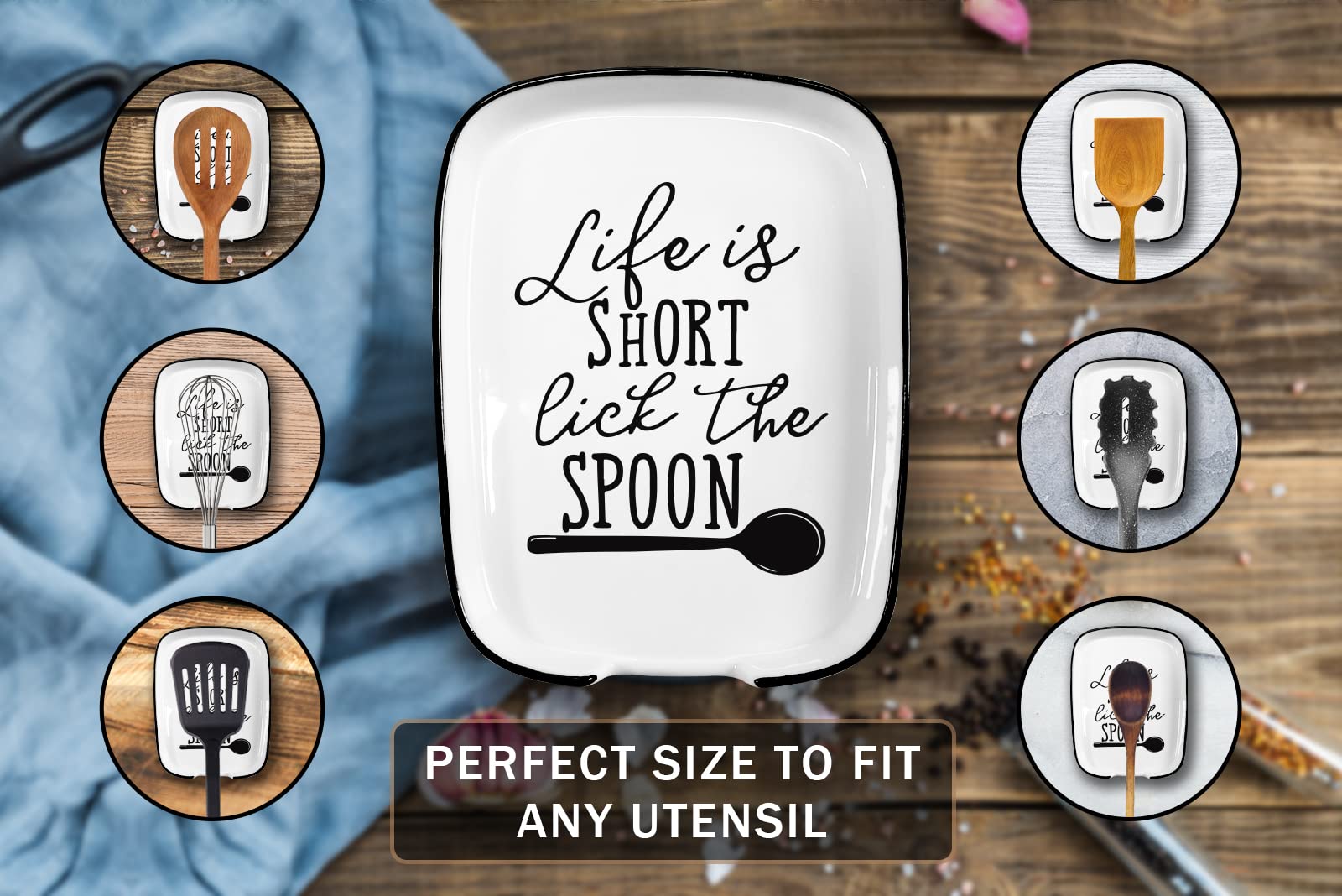 Hvukeke Ceramic Spoon Rest for Stove Top, Funny Life is Short Lick the Spoon White Spoon Holders for Kitchen Counter, Modern Farmhouse Kitchen Cute Decor