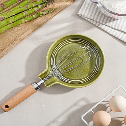 MIKIGEY Ceramic Spoon Rest, 6.5 Inches Spoon Holder for Kitchen Counter, Kitchen Accessories, Dishwasher Safe, Reactive Olive Green