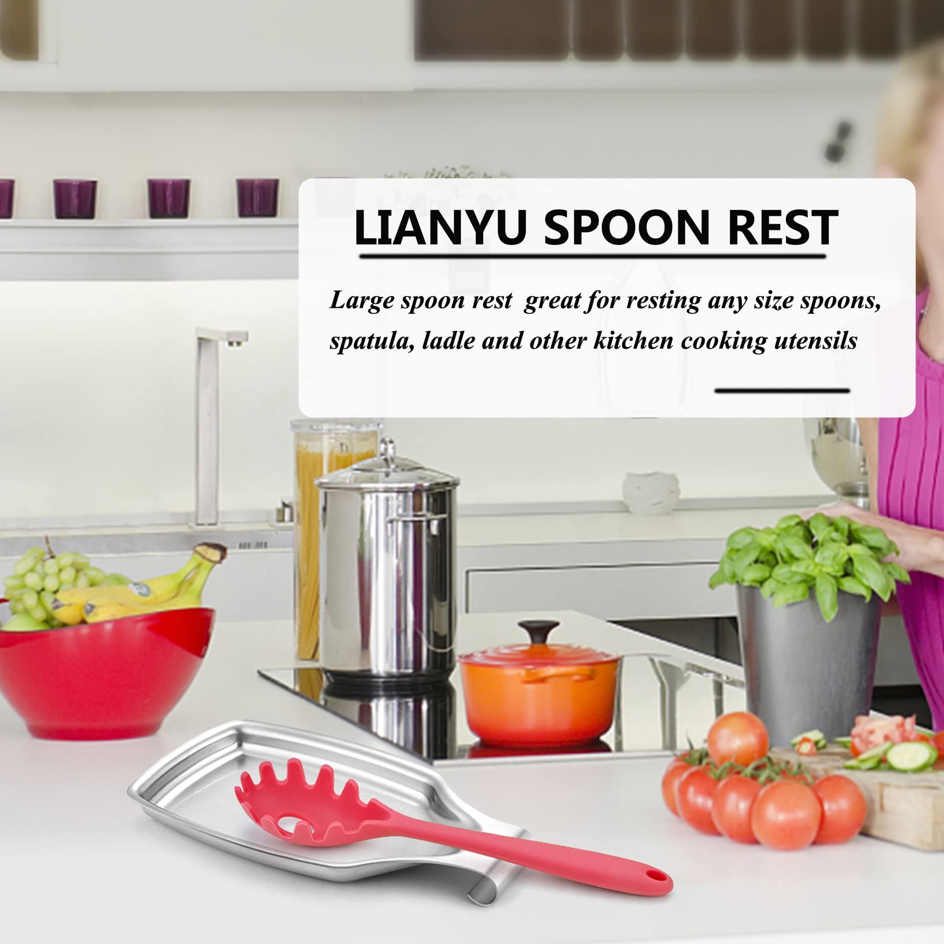 LIANYU Spoon Rest for Kitchen Counter, Stainless Steel Spoon Holder for Stove Top, Spatula Spoon Ladle Utensil Holder with Square Bottom, Heavy Duty, Dishwasher Safe