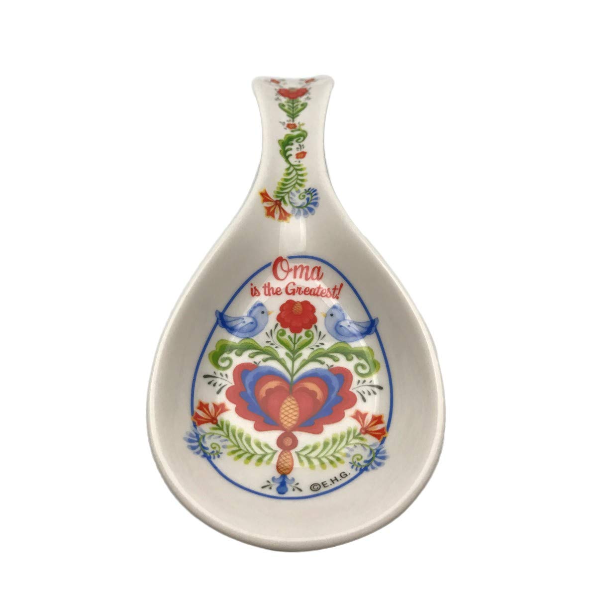 GermanGiftOutlet | Kitchen Essentials - Decorative Ceramic 10" Spoon Rest for Stove Top with Birds Artwork, Kitchen Utensil Holder - 'Oma Is The Greatest' for oma mothers day gift - Multicolor.