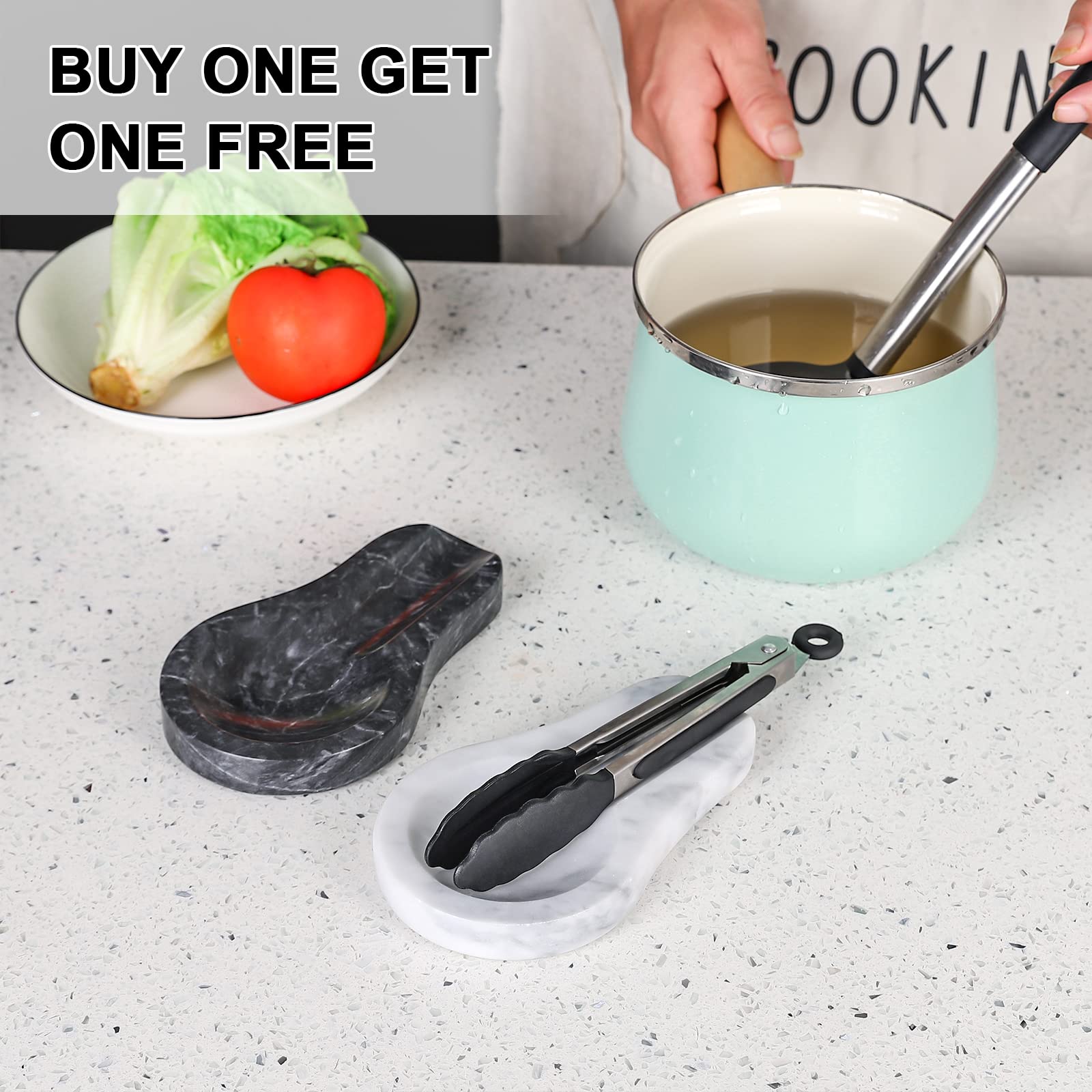 HESHIBI Spoon Rest, 2 Packs Marble Spoon Rest for Kitchen Stove Countertop, Marble Utensil Holder, Perfect for Spatula, Ladle, Fork (White and Black)