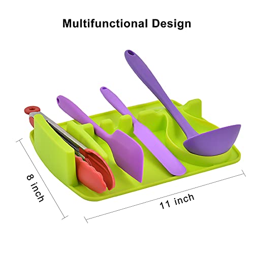 TATBOOMU Silicone Spoon Rest 3 in 1 Larger Size Silicone Spoon Holder for Stove Top,Upgraded Utensil Rest with Drip Pad for Multiple Utensils,Pot lid holder,Easy to Clean (Green)