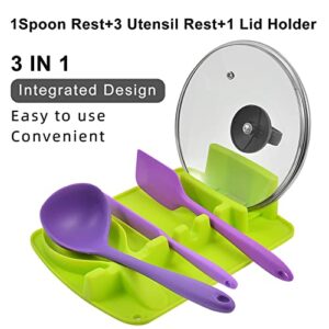 TATBOOMU Silicone Spoon Rest 3 in 1 Larger Size Silicone Spoon Holder for Stove Top,Upgraded Utensil Rest with Drip Pad for Multiple Utensils,Pot lid holder,Easy to Clean (Green)