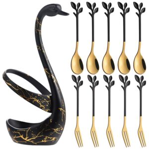 ansaw black swan base holder with 5-pieces 4.7-inch small coffee spoons and 5-pieces dessert fork,leaf handle set (black & gold)