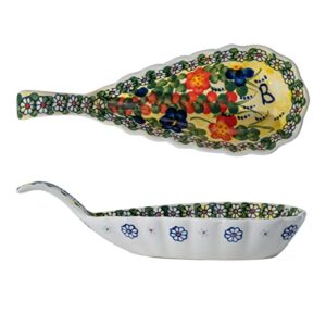 alma hand painted blue spoon rest for stove top in polish pottery style,handmade durable spoon/ladle holder, elegant side dishes,dip bowls for kitchen counter, microwave oven safe up to 480 f