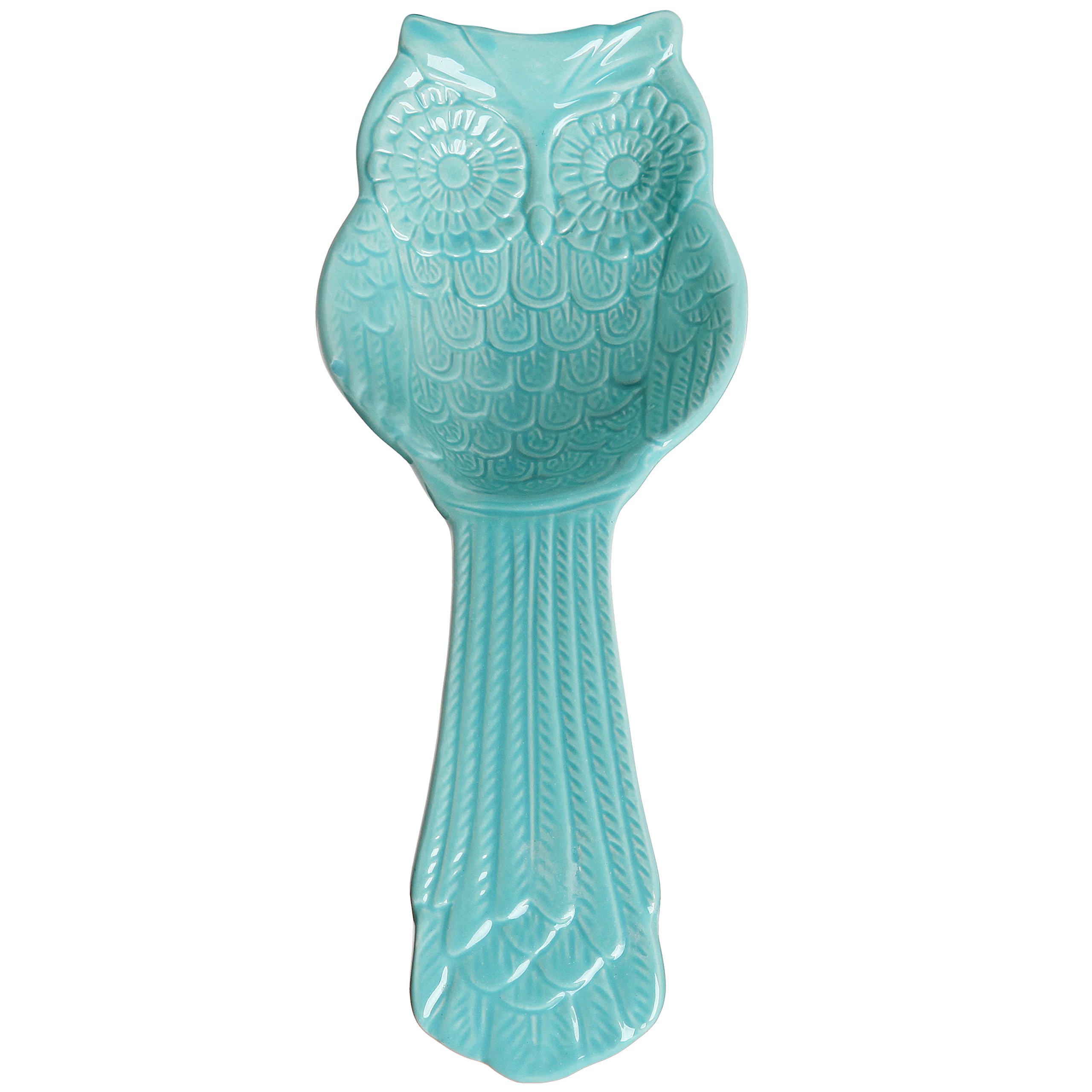 MyGift® Aqua Blue Ceramic Spoon Rest with Owl Design, Countertop Cooking Spoon and Ladle Holder