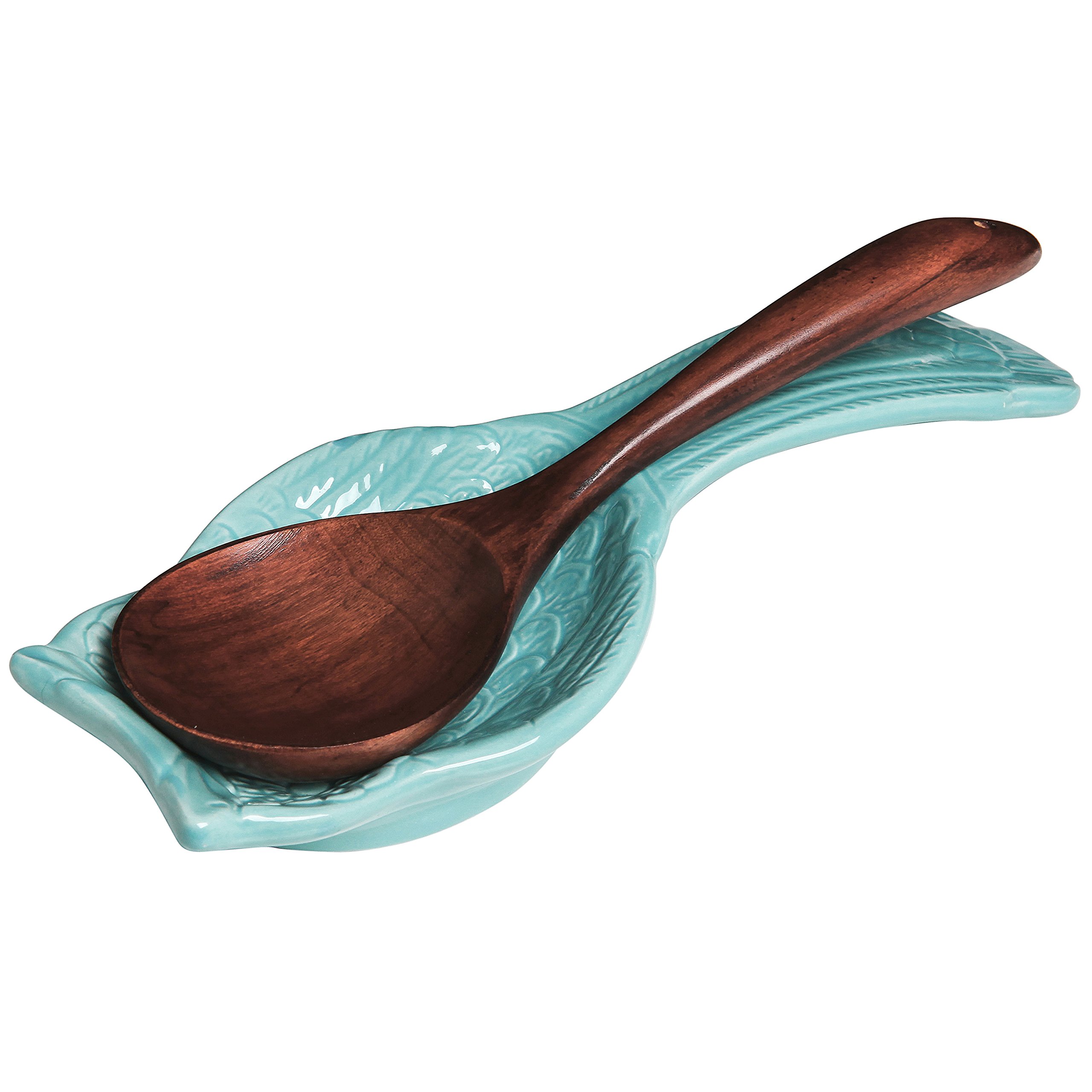 MyGift® Aqua Blue Ceramic Spoon Rest with Owl Design, Countertop Cooking Spoon and Ladle Holder