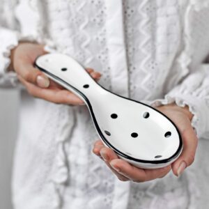 city to cottage® white and black polka dot handmade hand painted ceramic kitchen cooking spoon rest | utensil holder