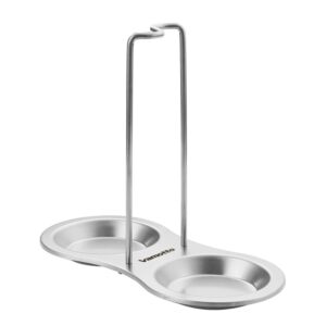 vamotto vertical spoon rest holder with two resting dishes, stainless steel soup ladles holders, standing spoon racks for hotpot restaurant, buffet, fast food restaurant, kitchen decor tool (silver)