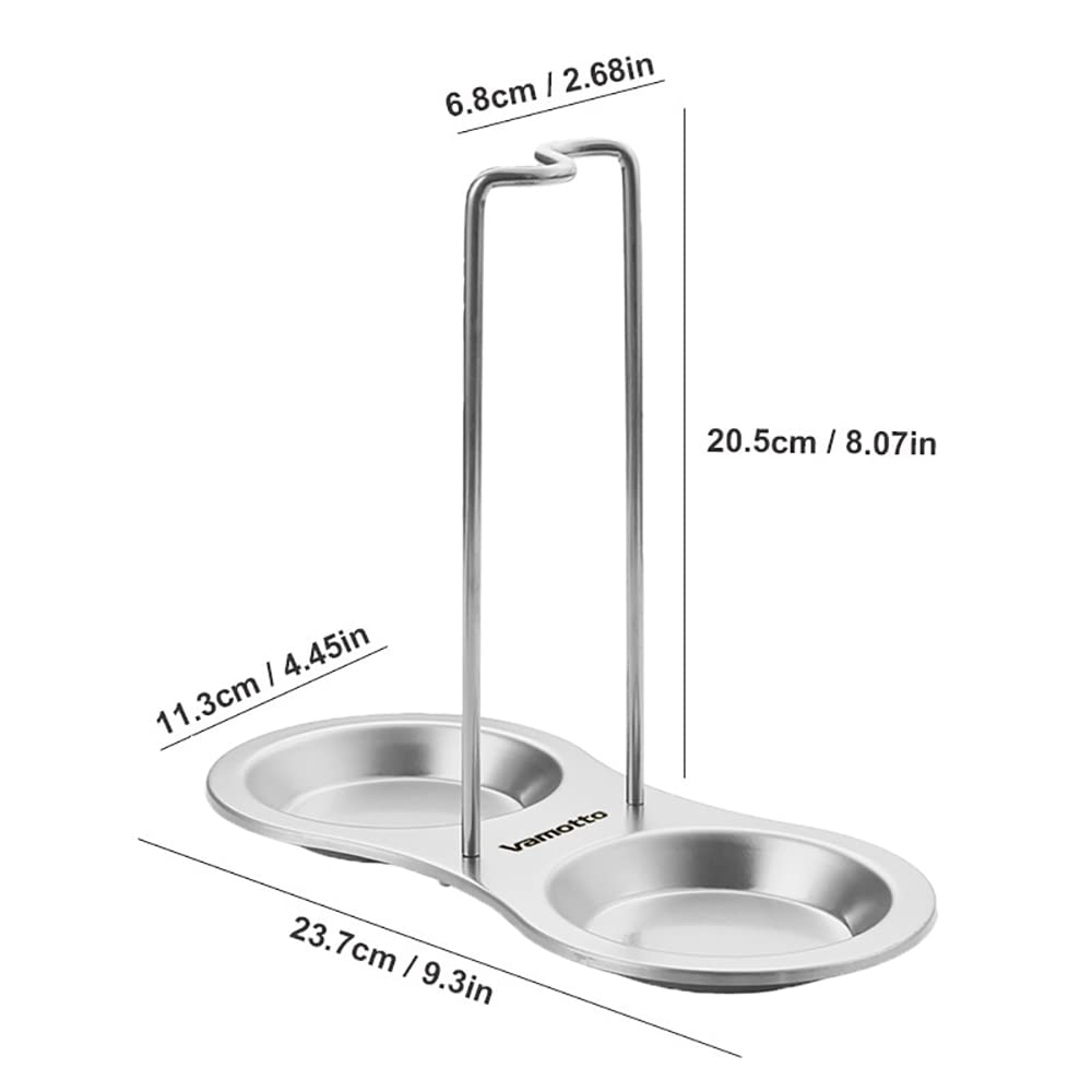 Vamotto Vertical Spoon Rest Holder with Two Resting Dishes, Stainless Steel Soup Ladles Holders, Standing Spoon Racks for Hotpot Restaurant, Buffet, Fast Food Restaurant, Kitchen Decor Tool (Silver)