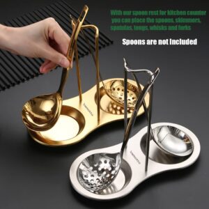 Vamotto Vertical Spoon Rest Holder with Two Resting Dishes, Stainless Steel Soup Ladles Holders, Standing Spoon Racks for Hotpot Restaurant, Buffet, Fast Food Restaurant, Kitchen Decor Tool (Silver)