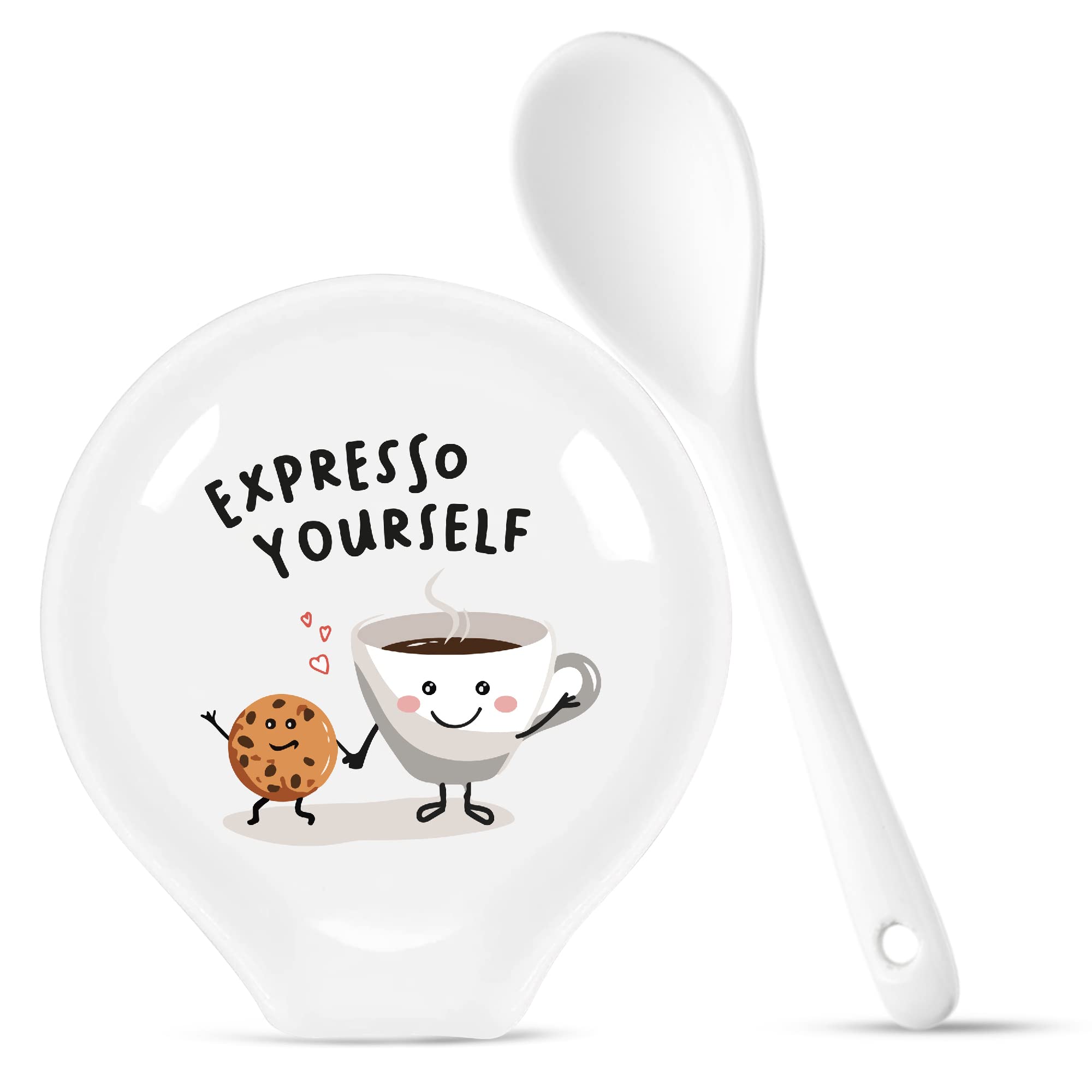 Four Inch- Coffee Spoon Rest , Coffee Spoon Holder , Kitchen Spoon Rest, Spoon Rest Ceramic , Cute Spoon Rest , Gift for Coffee Lovers, Coffee Spoon Rest for Coffee Bar, White Spoon Rest with Spoon