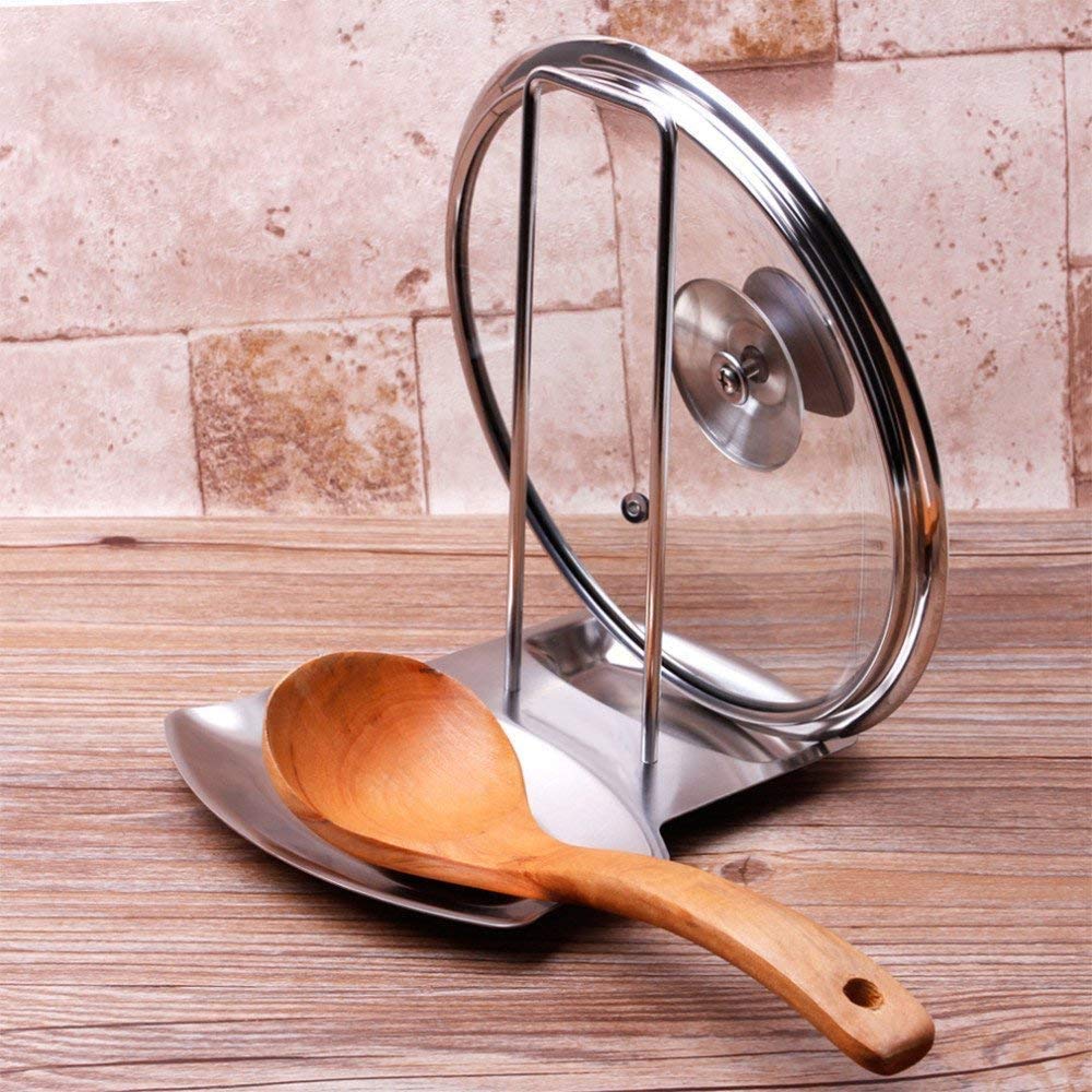 Lid and Spoon Rest Shelf,Pan Lid Holder Pot Cover Lid Rack Stand Organizer,304 Stainless Steel Pan Progressive Lid Organizer Storage Soup Cooking Spoon Rests Utensils Kitchen Decor Tool (SILVER)