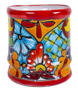 genuine mexican kitchen talavera utensil holder hand painted pottery ceramic for kitchen utensil crock spoon rest handmade in mexico by artisans (red)