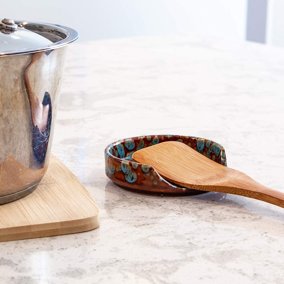 Ceramic Spoon Rest for Kitchen Counter and Stove Top (Marbled Turquoise)