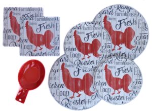 chicken decor stove burner covers - rooster kitchen decor - farmhouse sign style with two insulated hot pads and red spoon rest