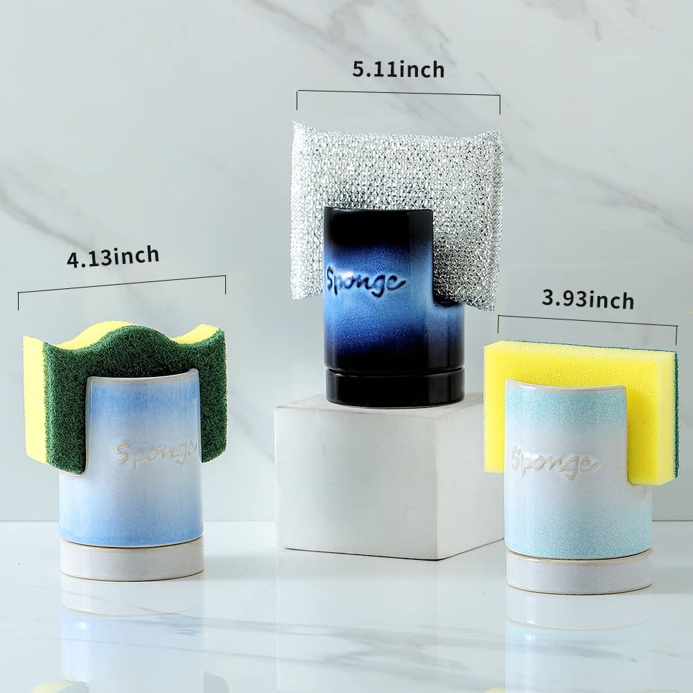 Nihow Ceramic Sponge Holder for Kitchen Sink Dish Sponge Caddy with Drainage Hole & Tray for Modern Kitchen Decor - Navy Blue & Black Dish Brush Holder for Kitchen Counter Top (1 PC)