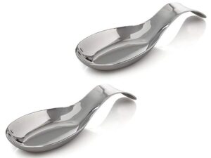 kitchen kemistry premium grade stainless steel spoon rest with long handle, for kitchen counter cooking utensils rest, holding messy spatula & ladle, holder for stove top, dishwasher safe - pack of 2