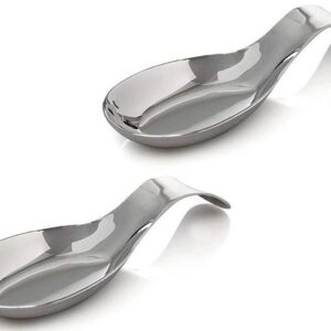 Kitchen Kemistry Premium Grade Stainless Steel Spoon Rest with long handle, for Kitchen Counter Cooking Utensils Rest, Holding Messy Spatula & Ladle, Holder for Stove Top, Dishwasher Safe - Pack of 2