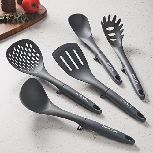 Large Kitchen Utensils for cooking, PanPacific Cooking Utensils Set with Weighted Handle, Non-Stick and Heat Resistant Kitchen Gadgets, Soft Grip Kitchen Tools Sets for Apartment, Dark Grey