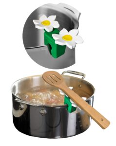 flower pot spoon holder and lid lifter, silicone kitchen utensil holder gadget, flexible cooking pot clip, stove top utensils and lid rest, heat resistant kitchen helper, soup lid stand tool