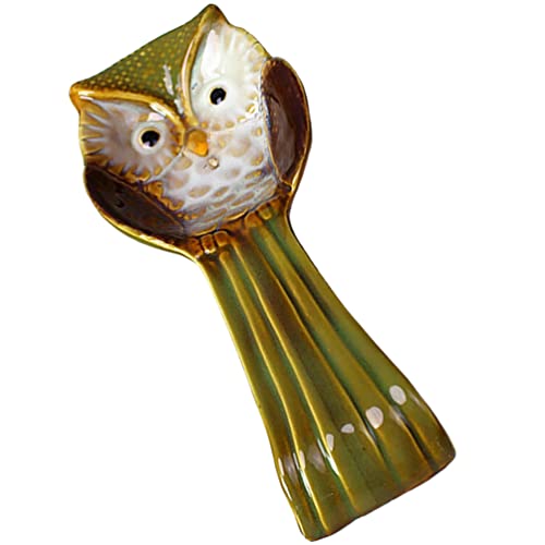 Luxshiny Owl Spoon Rest Ceramic Ladle Holder Spatula Spoon Holder Utensil Rester Stand for Stove Top Kitchen Counter Dining Table Coffee Station (Green)