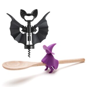 vino spooky bat 2-in-1 wine & beer opener and agatha kitchen spoon rest by ototo - bundle of 2 fun kitchen gadgets