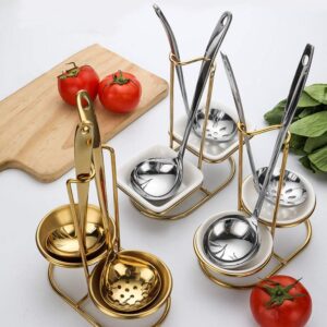 jojofuny Standing Spoon Rest with Ceramic Dish, Stainless Steel Upright Spoon Holder, Double Ladles Holder Utensil Stand for Stovetop Counter