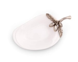 vagabond house porcelain olive/jam/oil/vinegar server and spoon rest with solid pewter "olive branch" accent 4.5 inch long x 2.5 inch wide