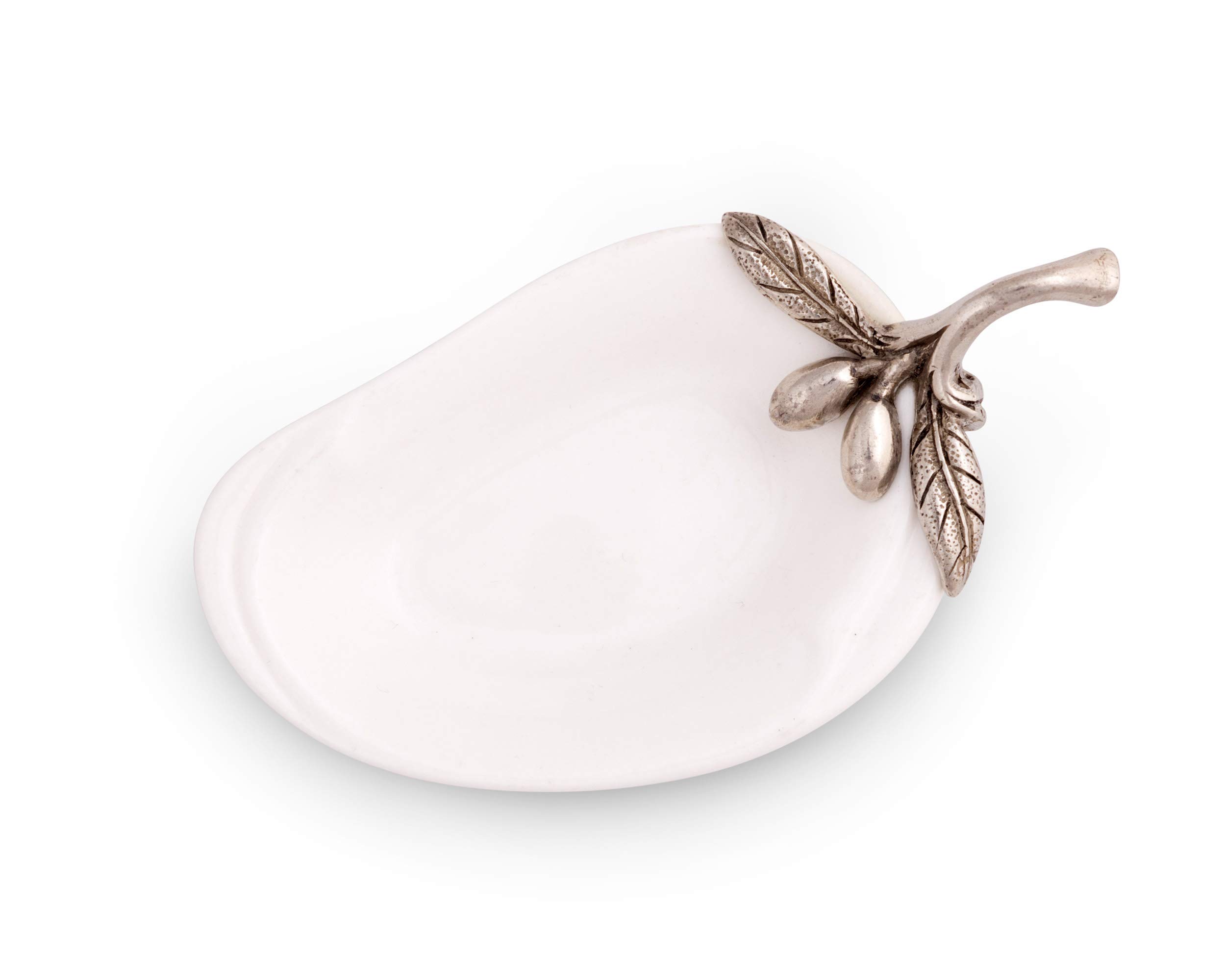 Vagabond House Porcelain Olive/Jam/Oil/Vinegar Server and Spoon Rest with Solid Pewter "Olive Branch" Accent 4.5 inch Long x 2.5 inch Wide