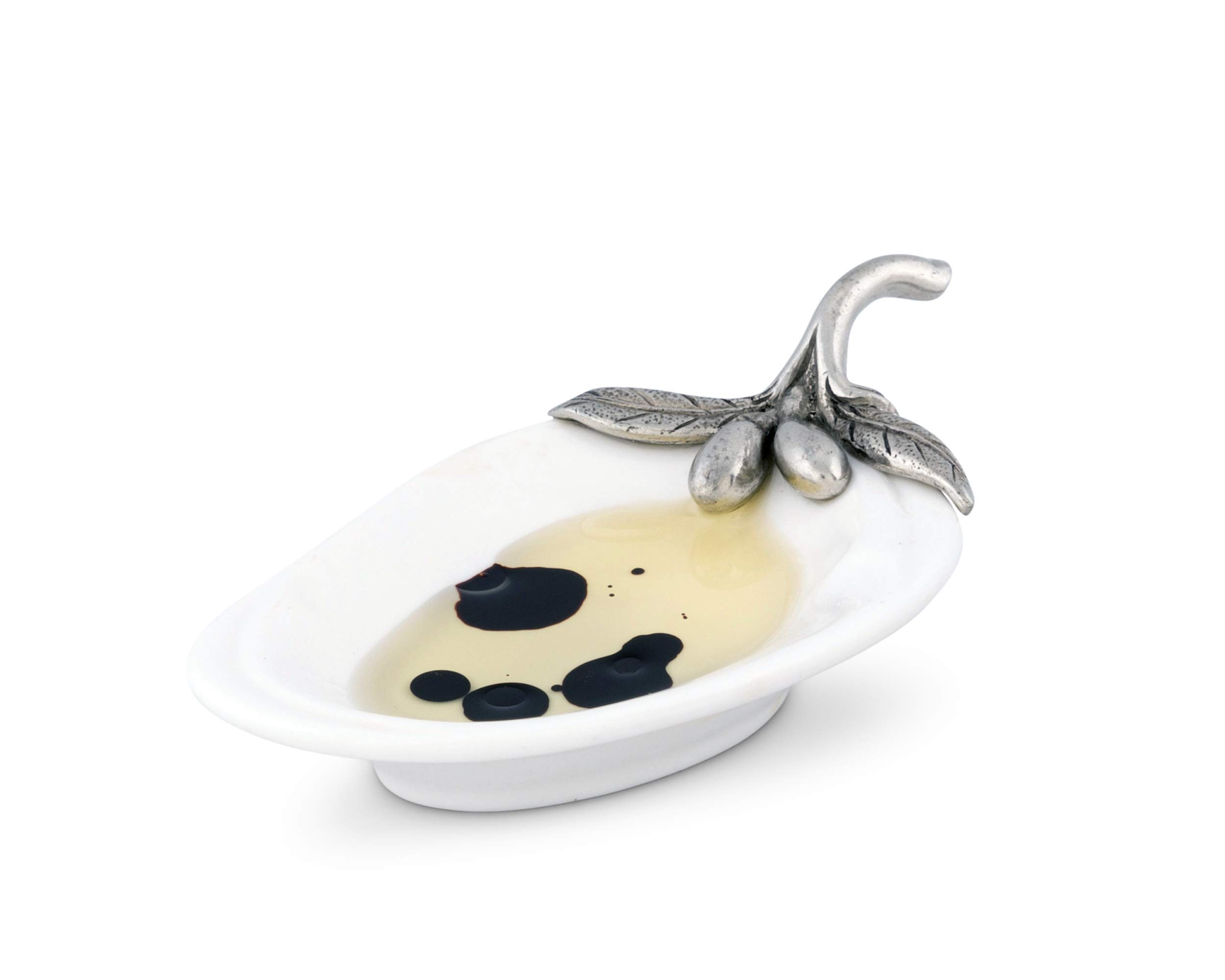Vagabond House Porcelain Olive/Jam/Oil/Vinegar Server and Spoon Rest with Solid Pewter "Olive Branch" Accent 4.5 inch Long x 2.5 inch Wide