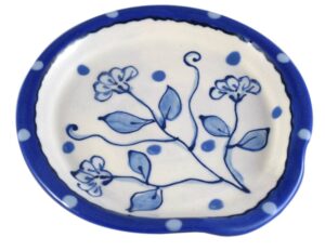 american made terracotta pottery kitchen spoon rest, delft-style wildflower blue