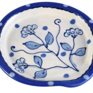 American Made Terracotta Pottery Kitchen Spoon Rest, Delft-Style Wildflower Blue