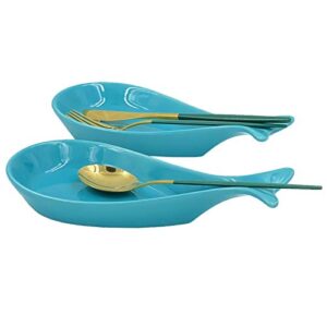 2PC Fish Spoon Rest Ceramic for Kitchen, Blue 9" X 4.5"