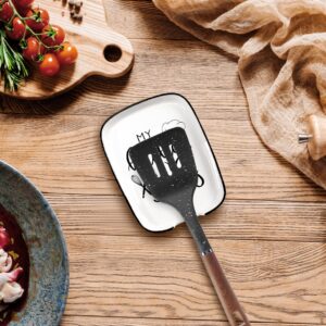 Hvukeke Ceramic Spoon Rest for Kitchen Stove Top Counter, Funny My Kitchen My Rules White Spoon Holders for Chef, Dad, Mom, Friend Cute Kitchen Decor Gift
