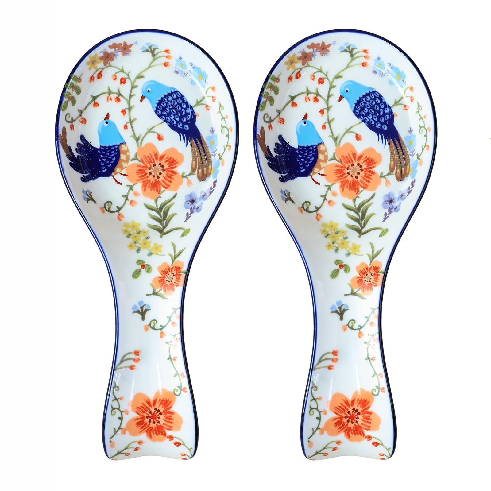 Sizikato Set of 2 Ceramic Spoon Rests, 9-Inch Utensil Ladle Rest for Kitchen, Flower and Bird Pattern, Blue