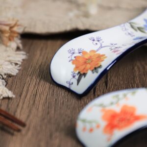 Sizikato Set of 2 Ceramic Spoon Rests, 9-Inch Utensil Ladle Rest for Kitchen, Flower and Bird Pattern, Blue