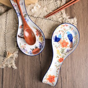 Sizikato Set of 2 Ceramic Spoon Rests, 9-Inch Utensil Ladle Rest for Kitchen, Flower and Bird Pattern, Blue